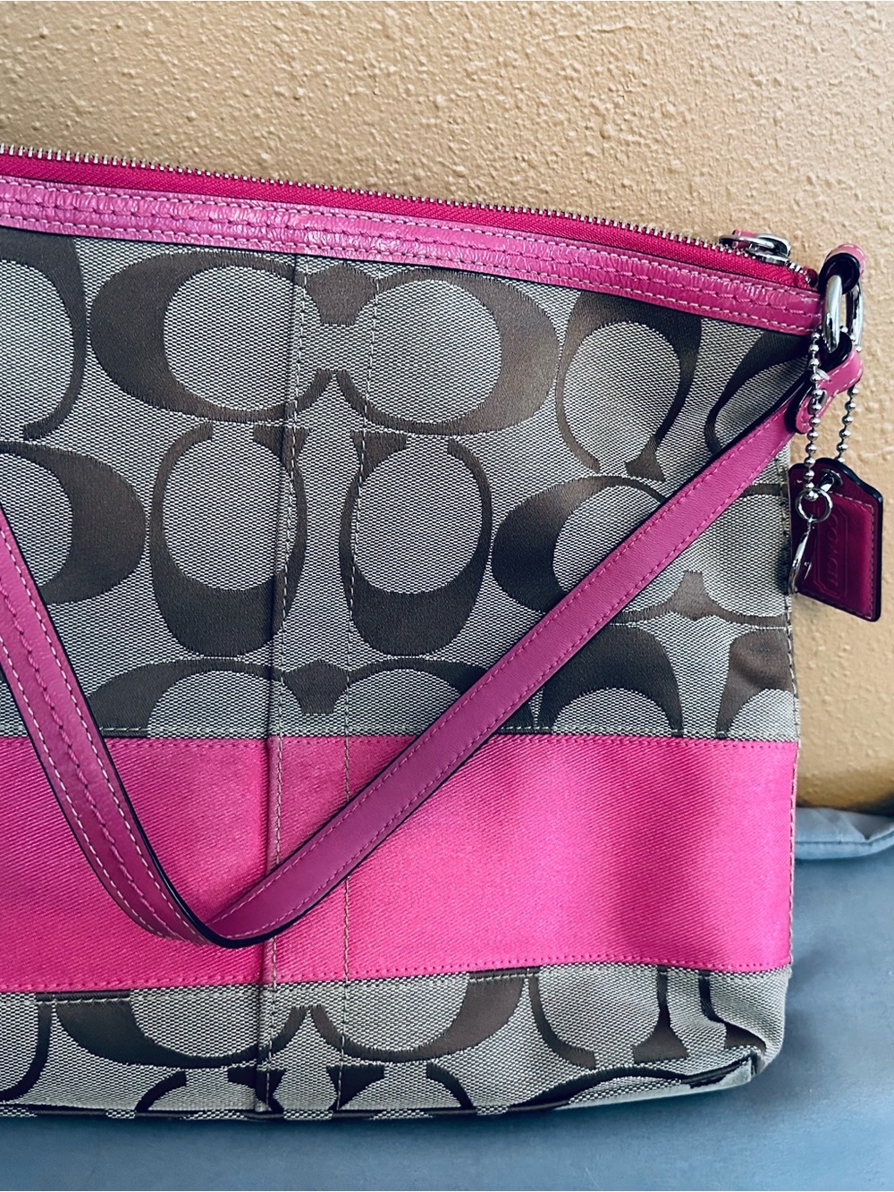 Coach Brown Signature Canvas Shoulder Bag with Pink Trim